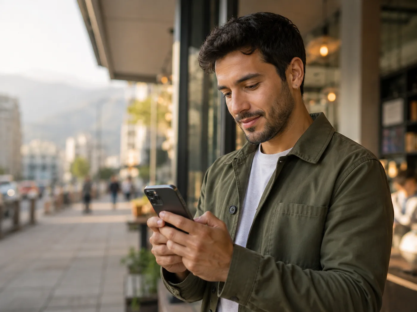 Hombre joven en una calle de Bogotá revisando su celular