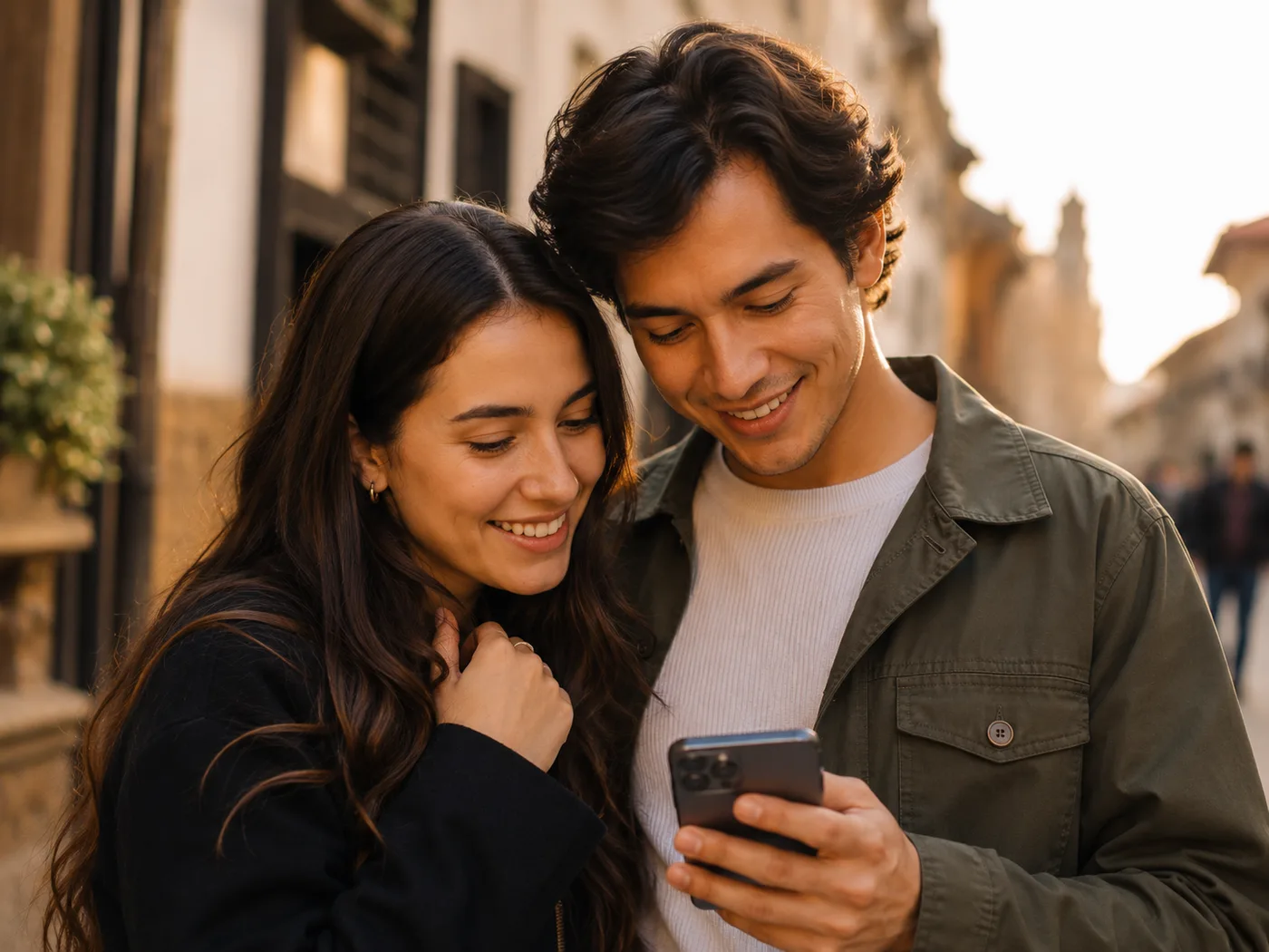 Pareja joven viendo juntos un celular