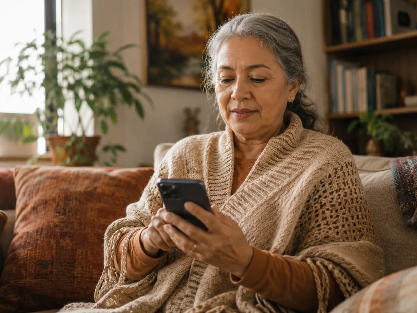 Mujer mayor usando su celular en casa