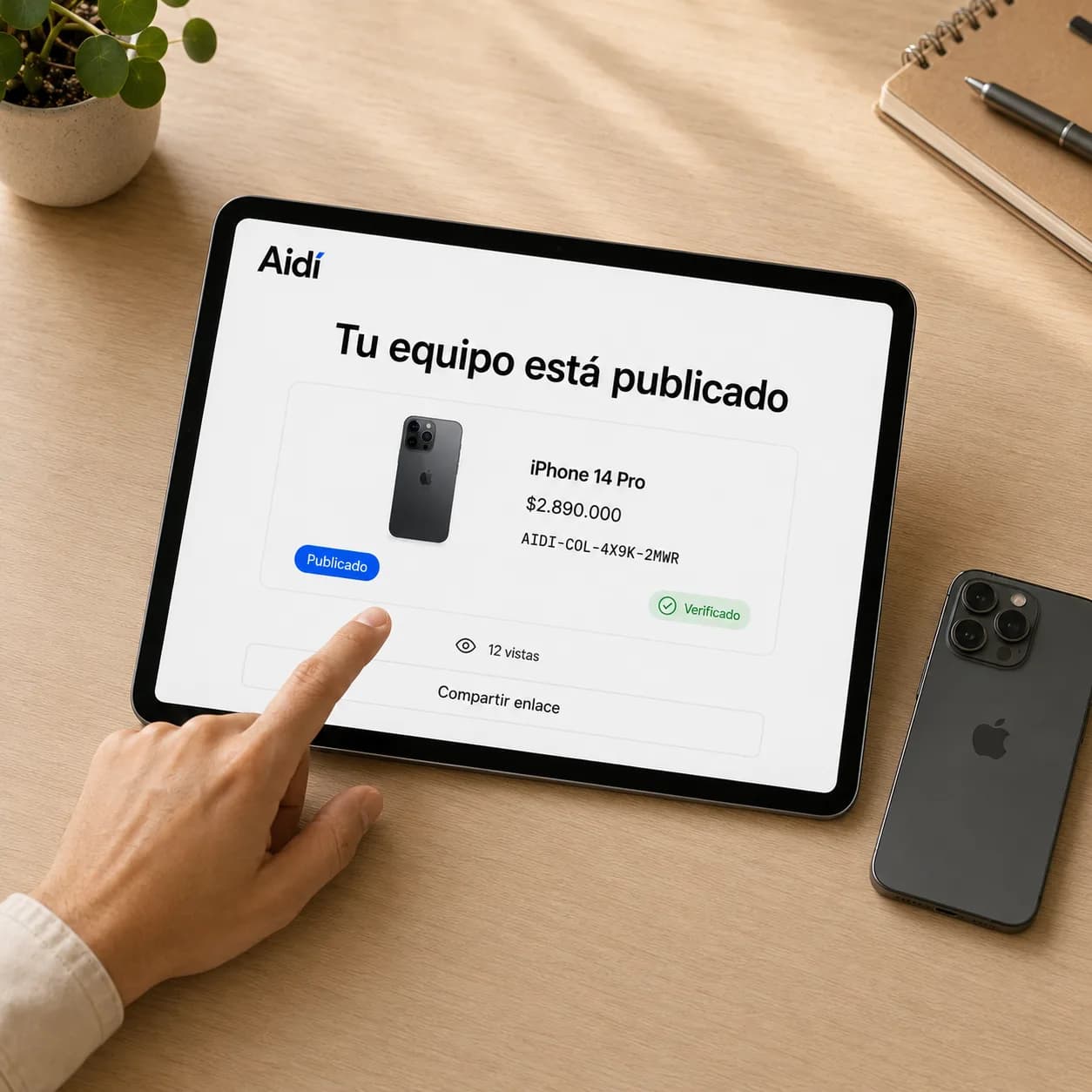 Tablet mostrando el equipo publicado en el marketplace de Aidí con su historial completo