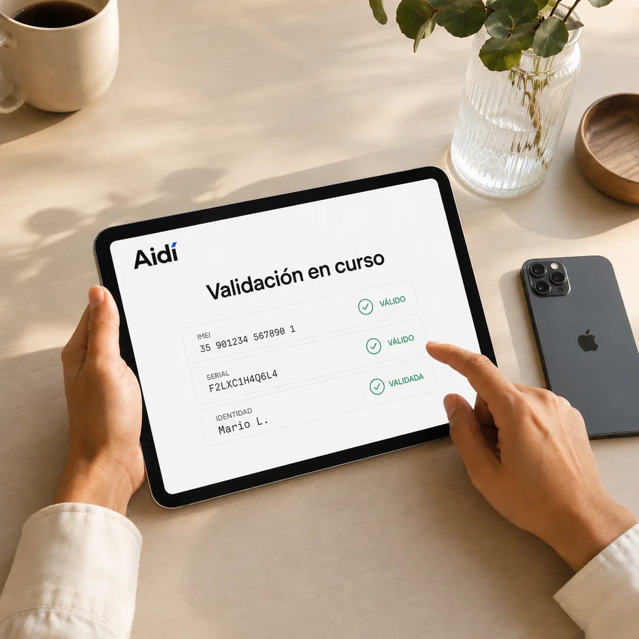 Tablet mostrando el flujo de validación de IMEI, serial e identidad en la plataforma Aidí
