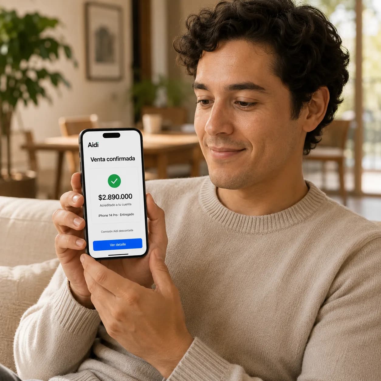 Persona viendo en su celular la confirmación de venta y pago acreditado en la plataforma Aidí